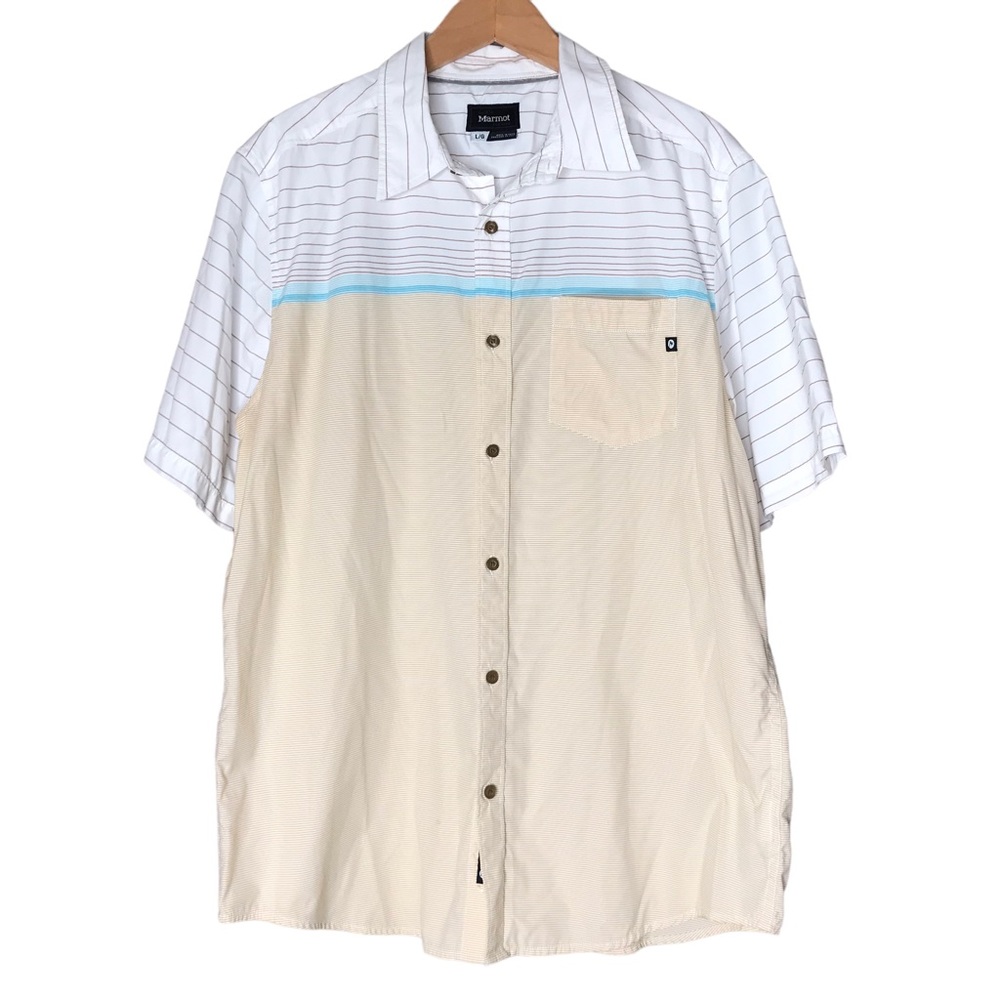 Marmot Syrocco Short Sleeve Shirt Colour Block Striped Yellow Cream Men’s Large
